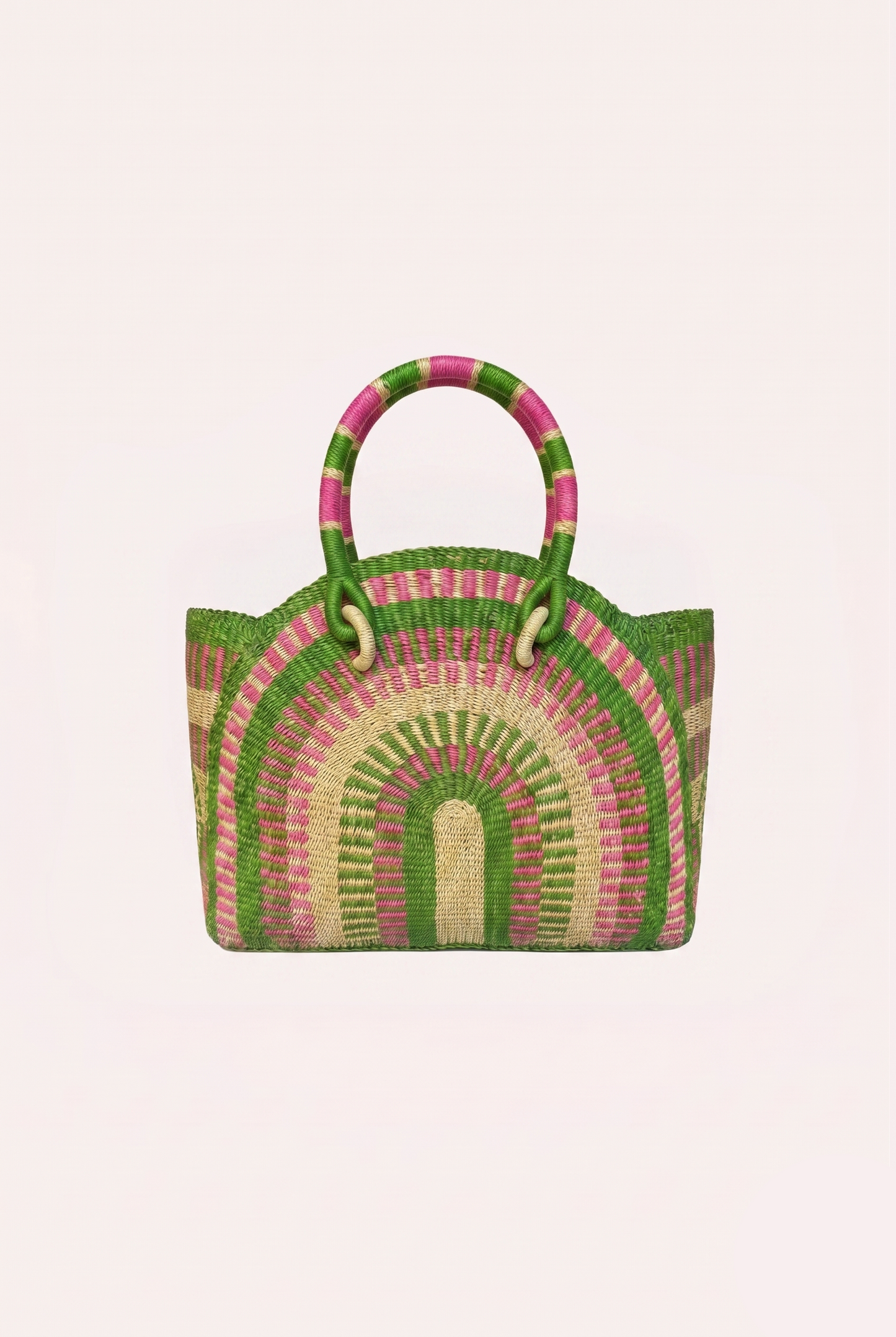 Small hand-woven half-moon handbag featuring a unique ZAZI pattern and a fabric drawstring interior closure.