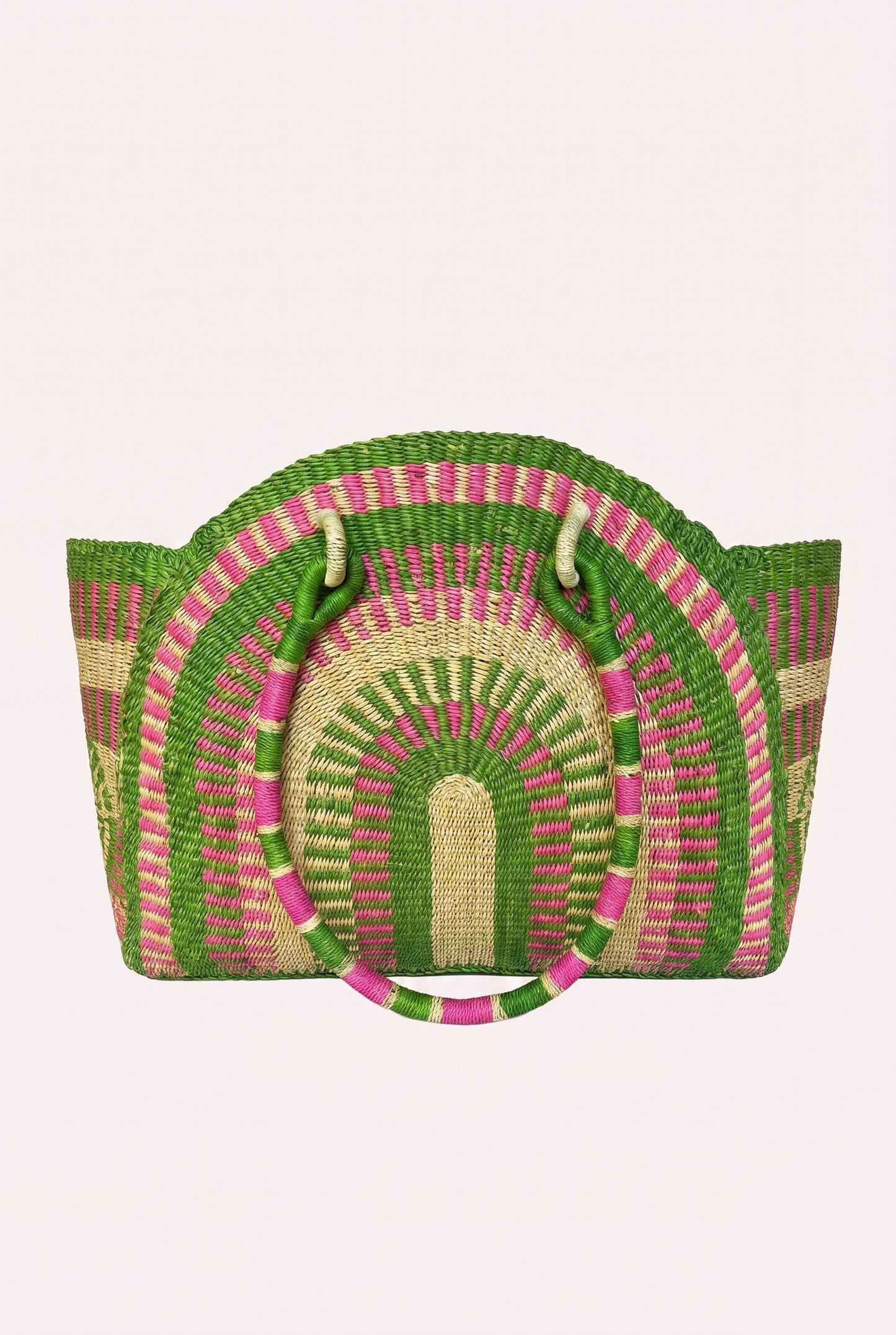 Large hand-woven half-moon handbag featuring a unique ZAZI pattern and a fabric drawstring interior closure.