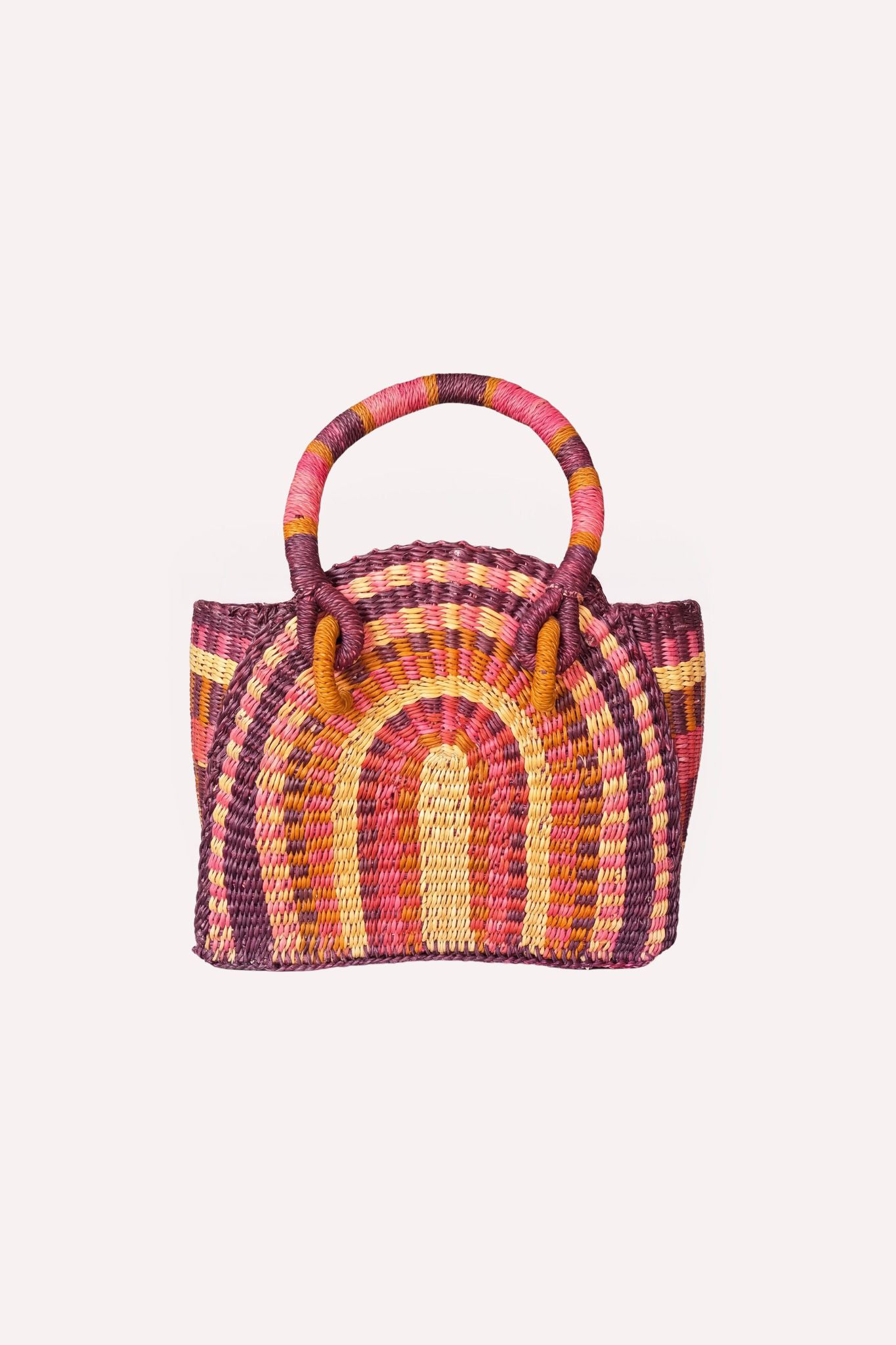 Small hand-woven half-moon handbag featuring a unique ZAZI pattern and a fabric drawstring interior closure.