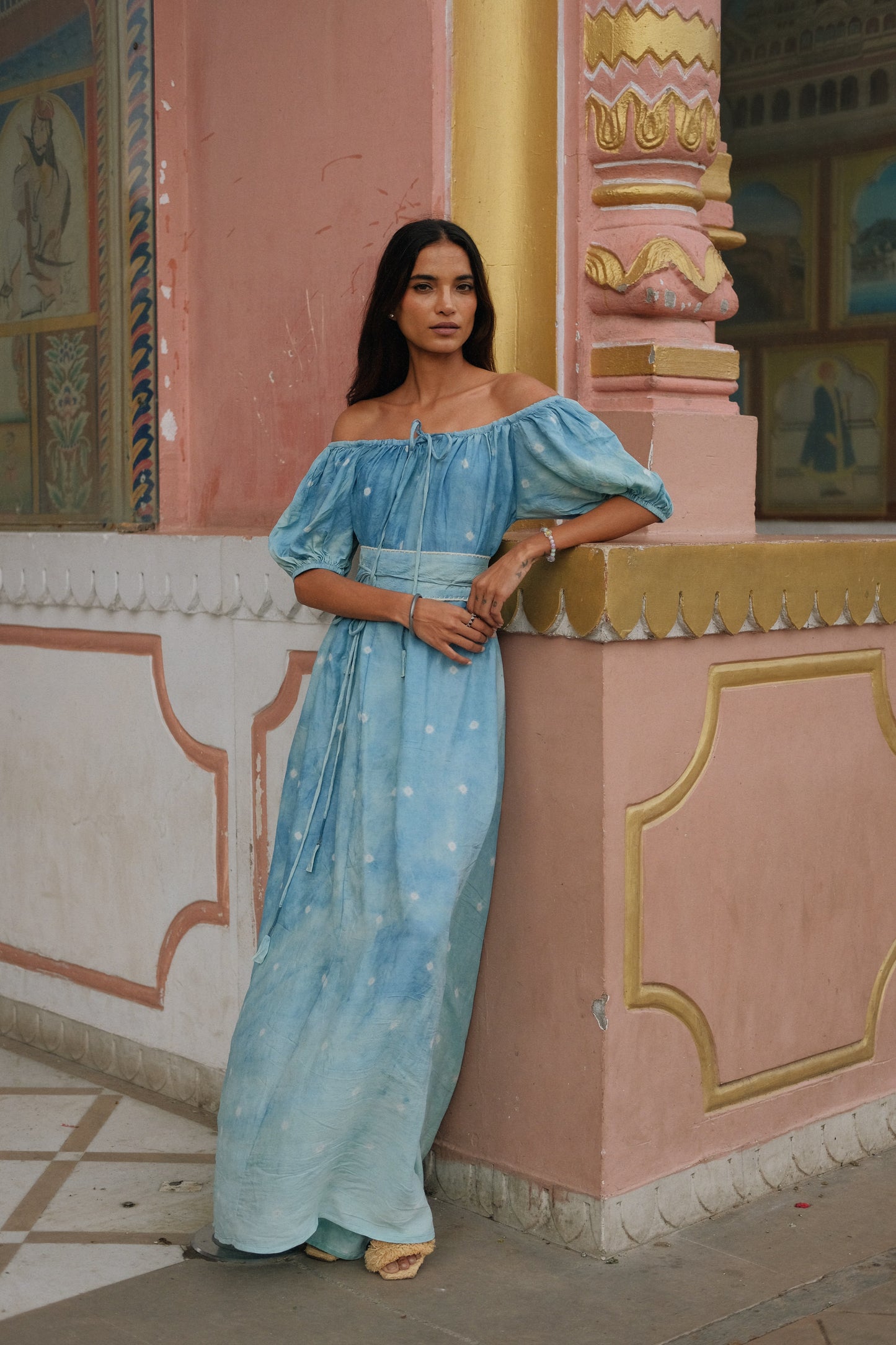 ZAZI Pathani Dress featuring a naturally dyed and eco-printed off-shoulder maxi silhouette with a flowing bohemian design and artisan craftsmanship.