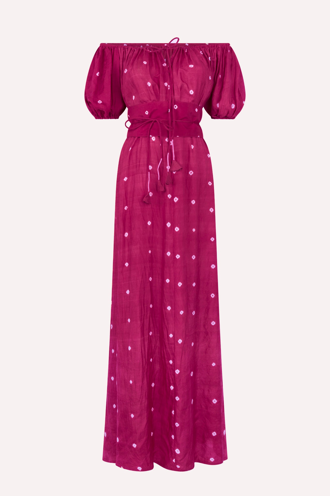 ZAZI Pathani Dress featuring a naturally dyed and eco-printed off-shoulder maxi silhouette with a flowing bohemian design and artisan craftsmanship.