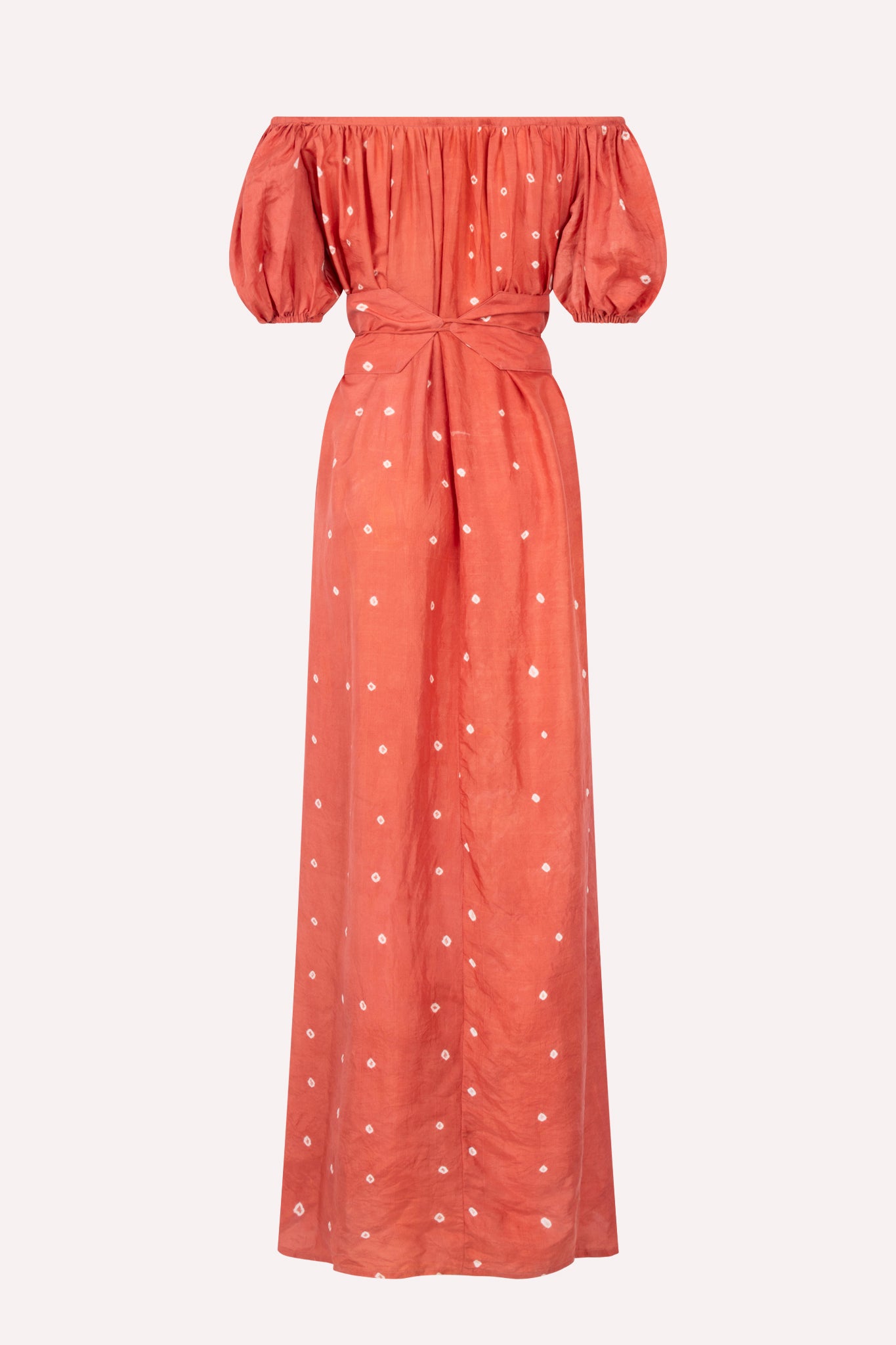ZAZI Pathani Dress featuring a naturally dyed and eco-printed off-shoulder maxi silhouette with a flowing bohemian design and artisan craftsmanship.