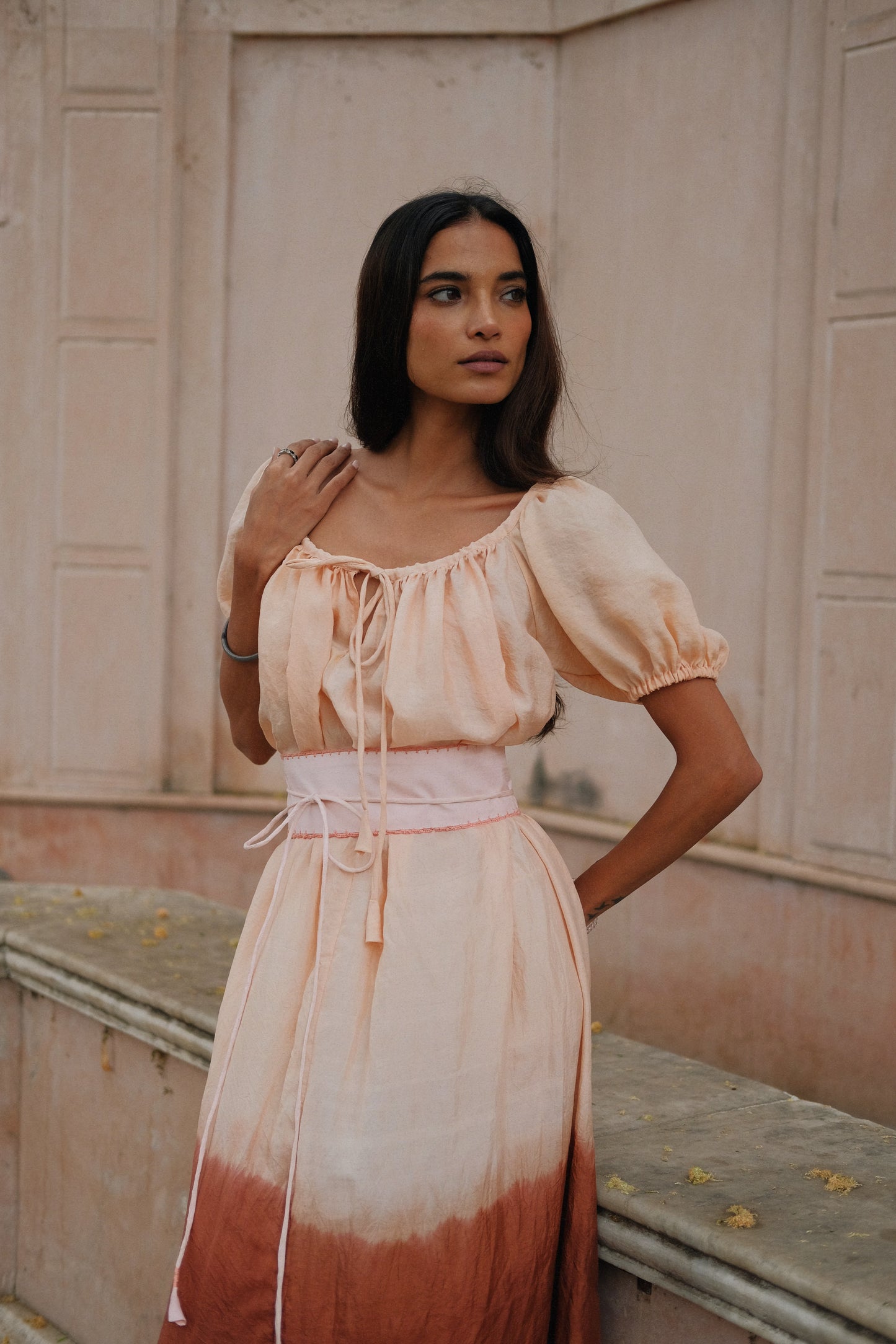 
                  
                    ZAZI Pathani Dress featuring a naturally dyed and eco-printed off-shoulder maxi silhouette with a flowing bohemian design and artisan craftsmanship.
                  
                