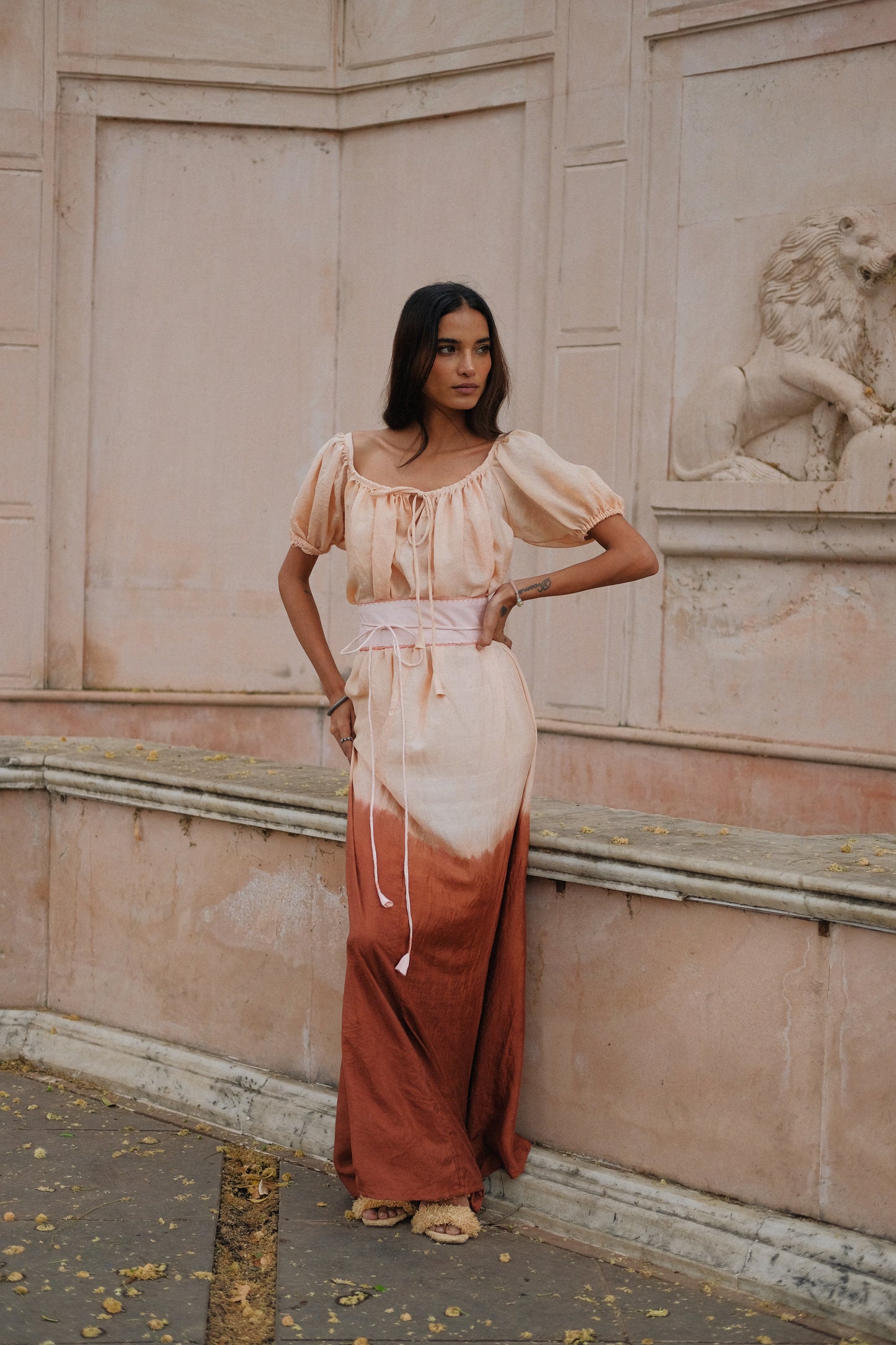 ZAZI Pathani Dress featuring a naturally dyed and eco-printed off-shoulder maxi silhouette with a flowing bohemian design and artisan craftsmanship.