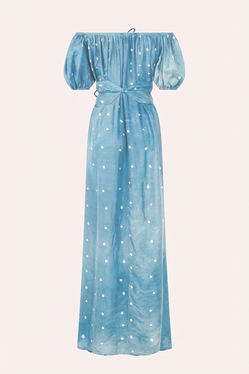 
                  
                    ZAZI Pathani Dress featuring a naturally dyed and eco-printed off-shoulder maxi silhouette with a flowing bohemian design and artisan craftsmanship.
                  
                