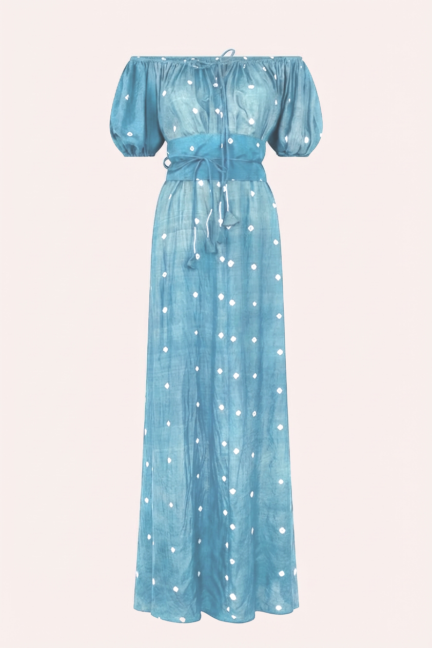 ZAZI Pathani Dress featuring a naturally dyed and eco-printed off-shoulder maxi silhouette with a flowing bohemian design and artisan craftsmanship.