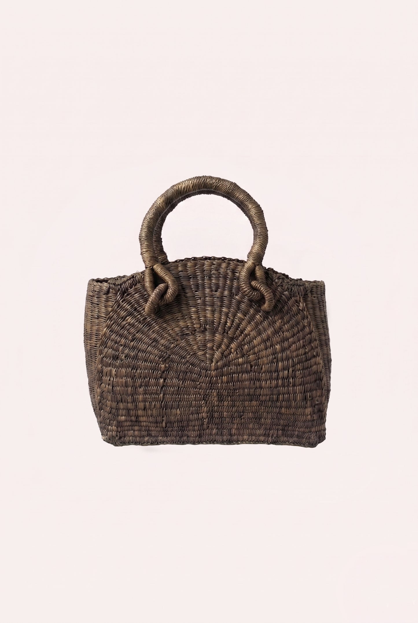 Small hand-woven half-moon handbag featuring a unique ZAZI pattern and a fabric drawstring interior closure.