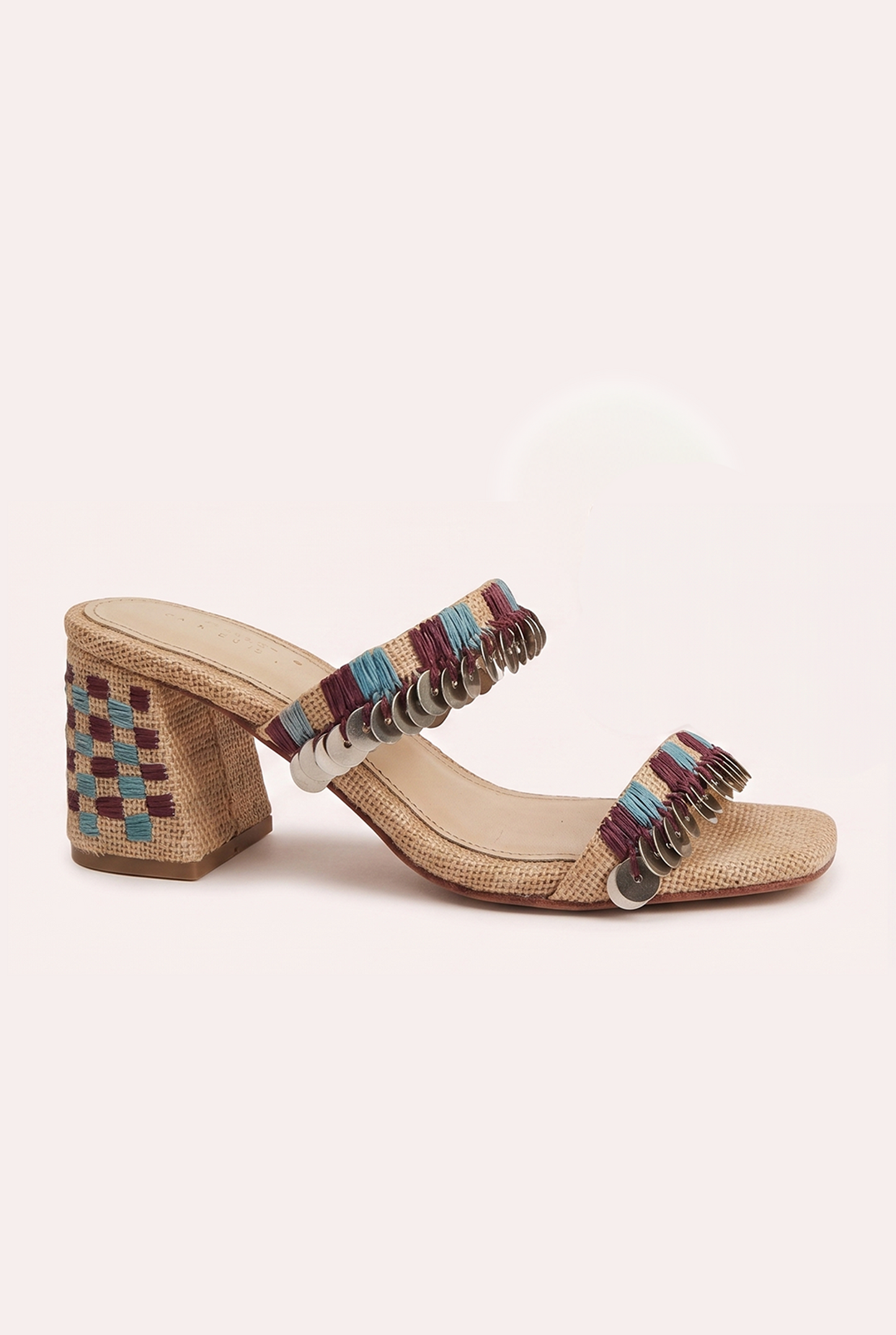 Textured toile de jute block heel sandals with intricate raffia embroidery and metal plate beads.