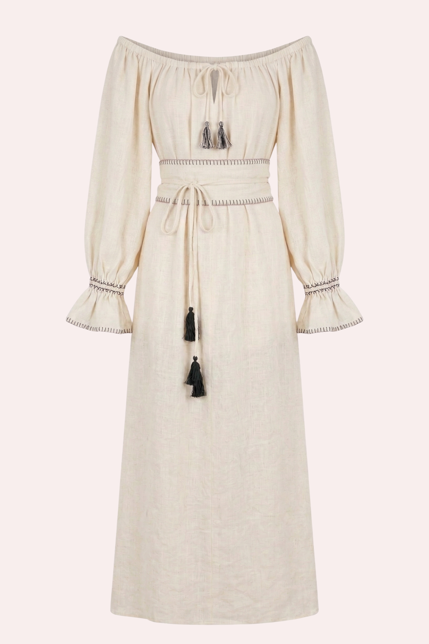 ZAZI Vayana Dress in handwoven Khadi cotton featuring a bohemian maxi silhouette, hand-embroidered details, versatile off-shoulder neckline, long sleeves, and matching belt.