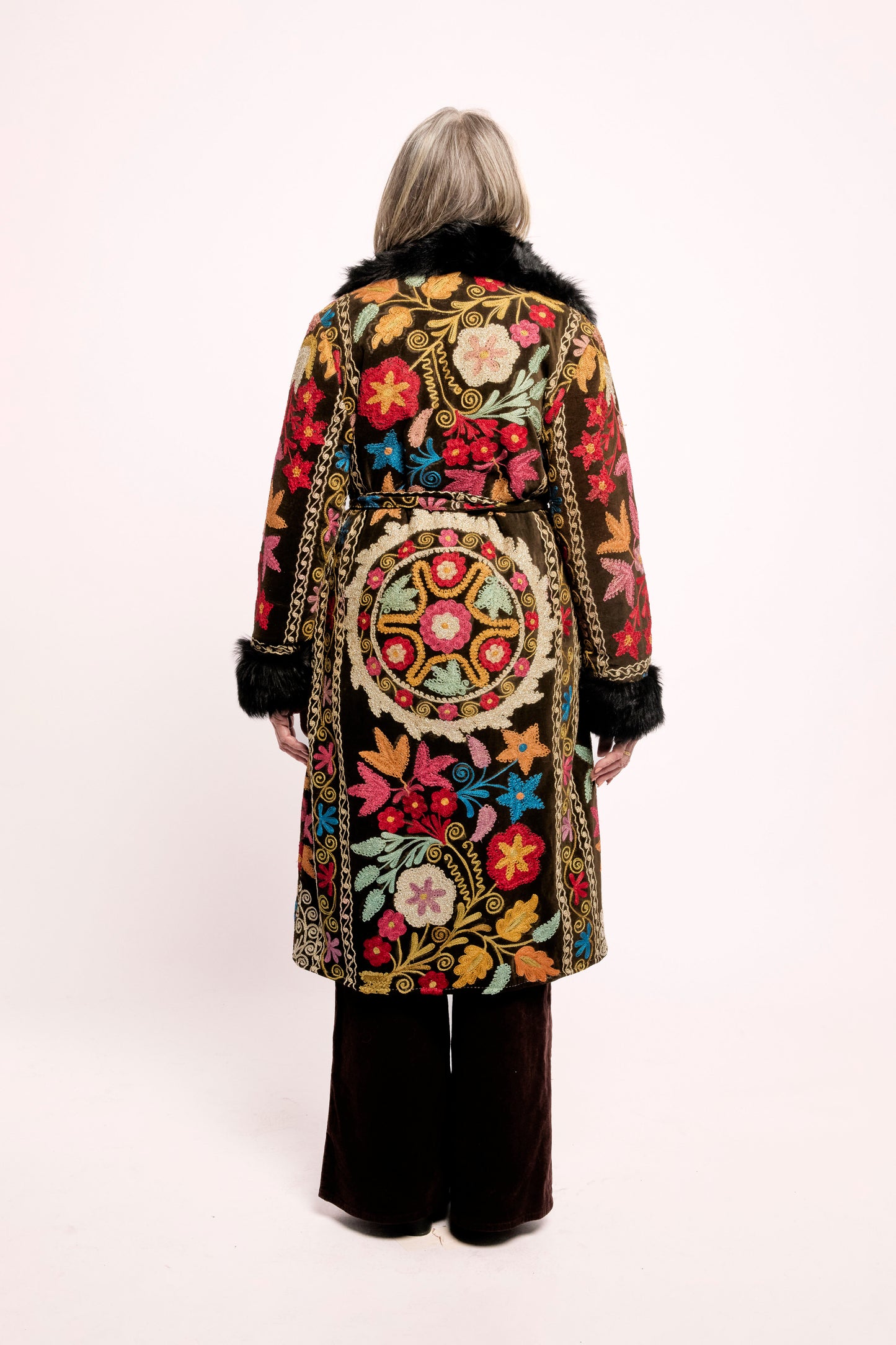 Black and dark brown ZAZI Afghan Penny Lane coat ethically handmade with vintage suzani embroidery