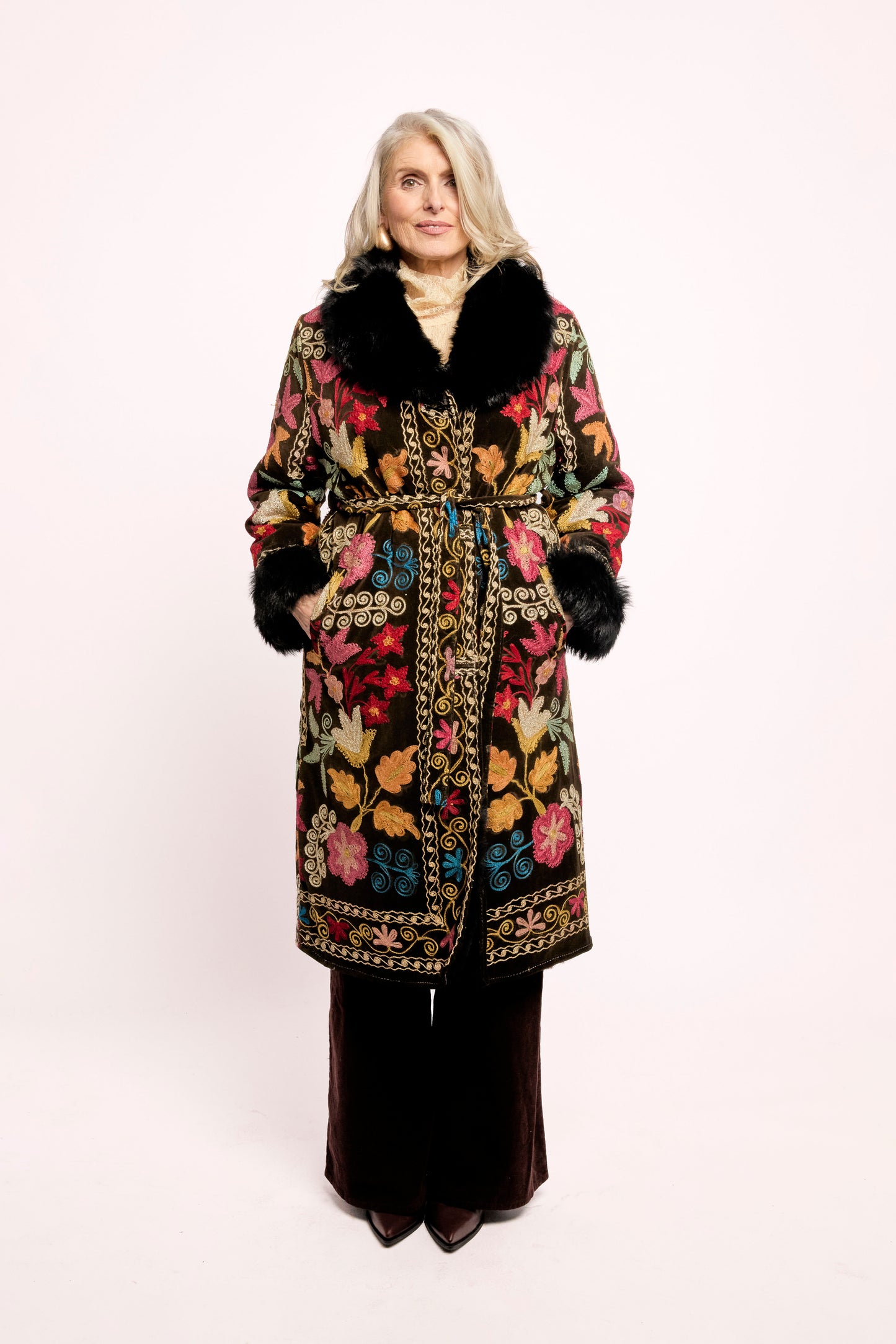 Black and dark brown ZAZI Afghan Penny Lane coat ethically handmade with vintage suzani embroidery