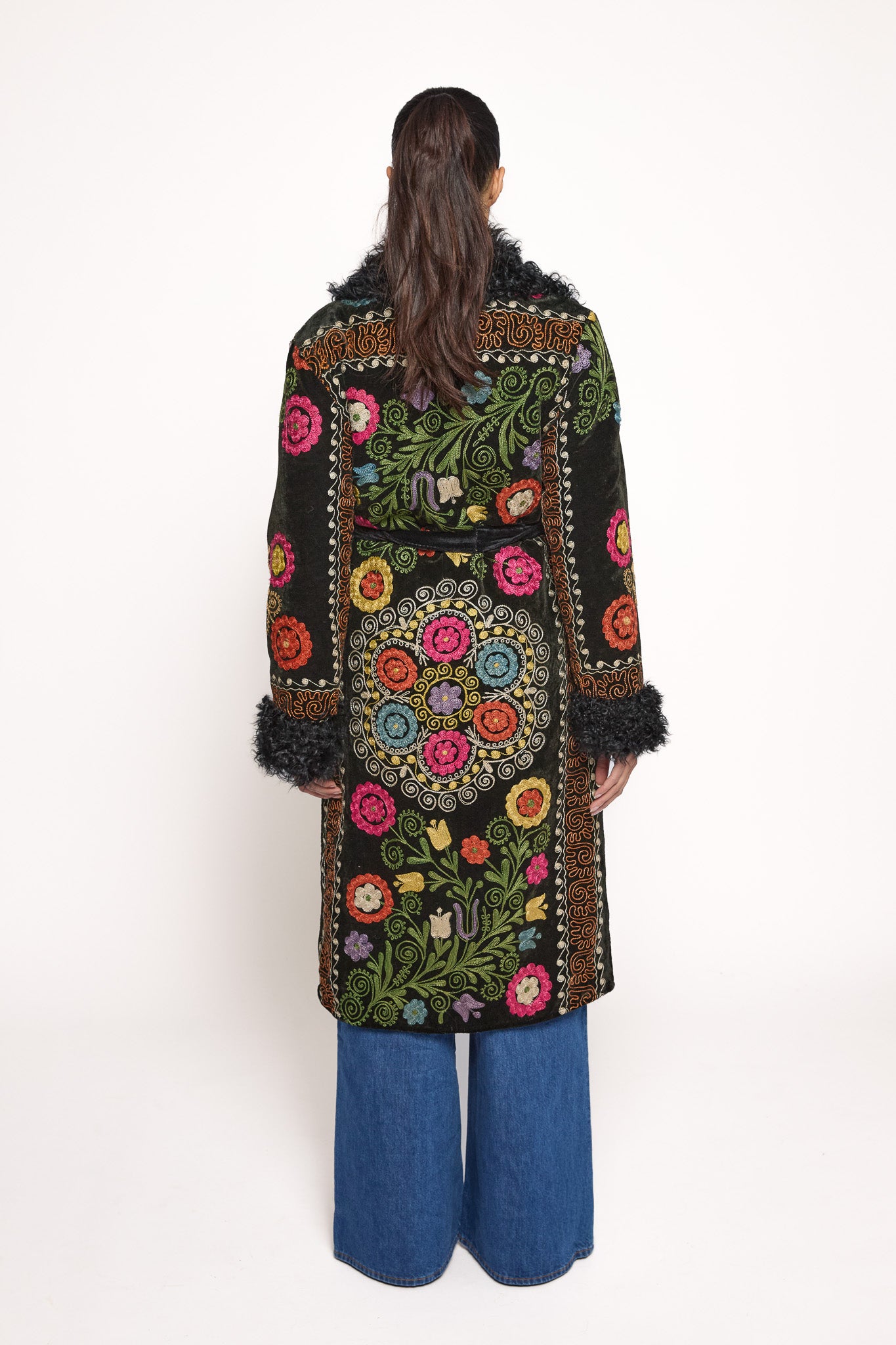 Black ZAZI Afghan Penny Lane coat ethically handmade with vintage suzani floral embroidery