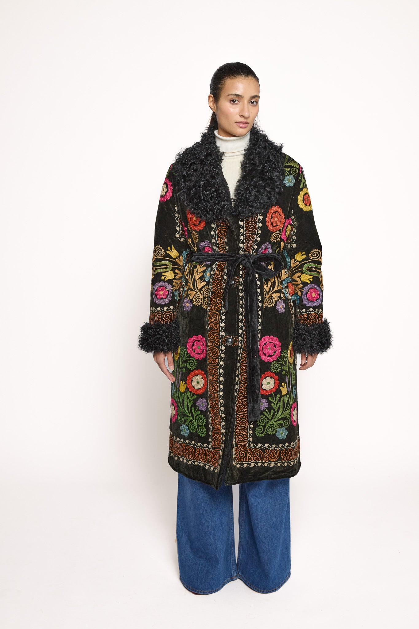 Black ZAZI Afghan Penny Lane coat ethically handmade with vintage suzani floral embroidery
