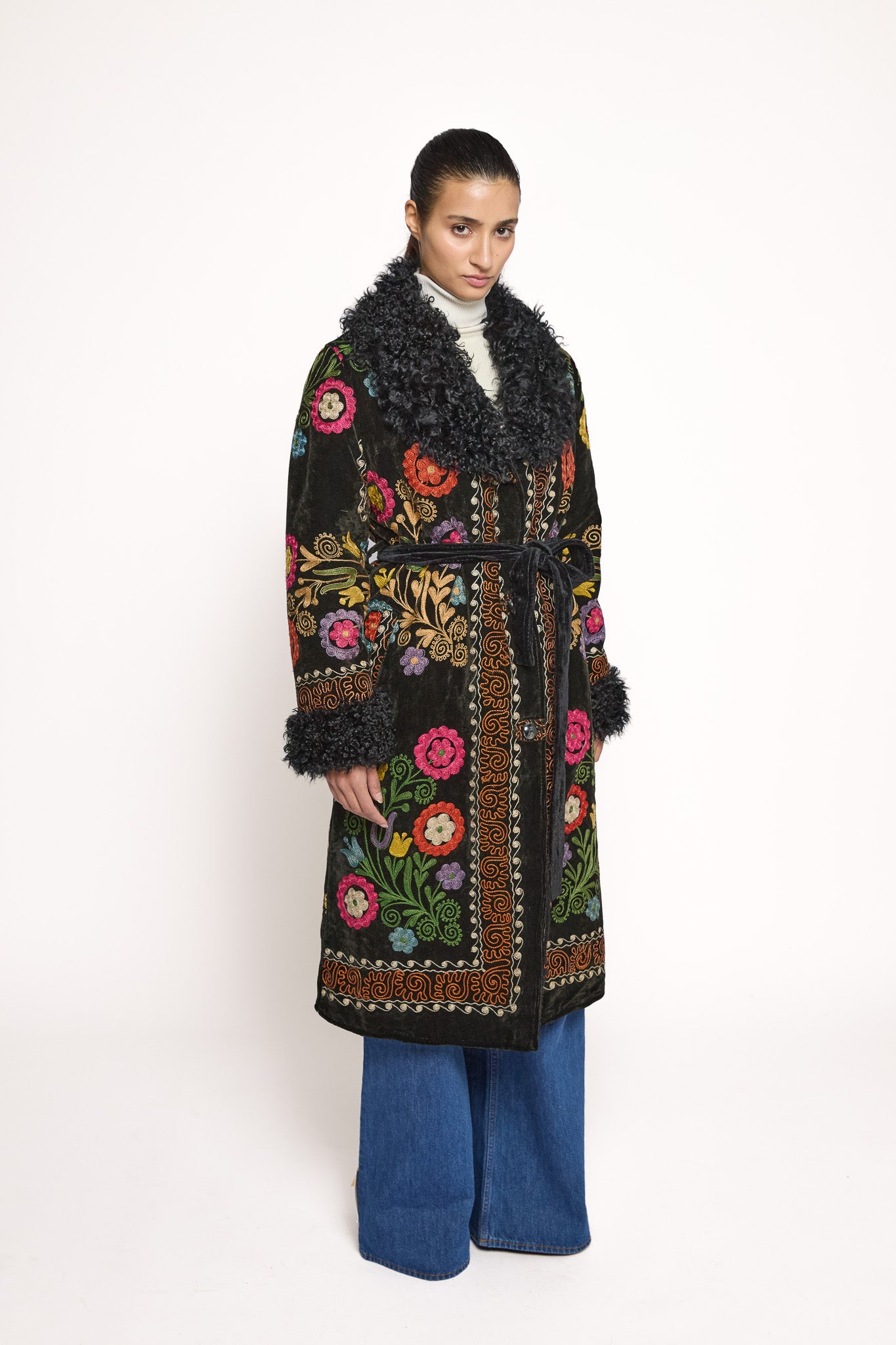 
                  
                    Black ZAZI Afghan Penny Lane coat ethically handmade with vintage suzani and floral embroidery
                  
                