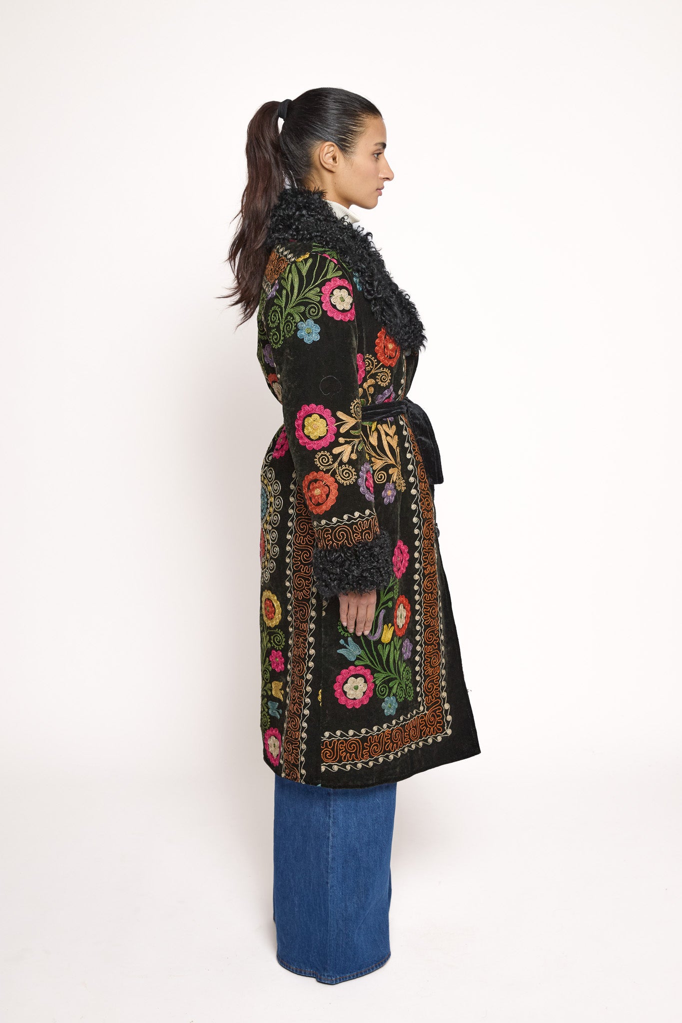 
                  
                    Black ZAZI Afghan Penny Lane coat ethically handmade with vintage suzani with floral embroidery
                  
                