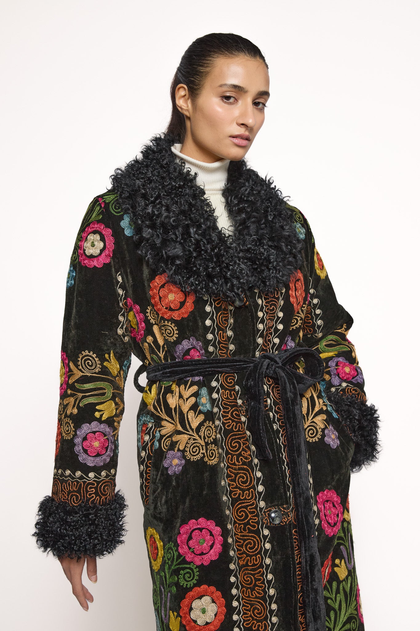 
                  
                    Black ZAZI Afghan Penny Lane coat ethically handmade with vintage suzani and floral embroidery
                  
                