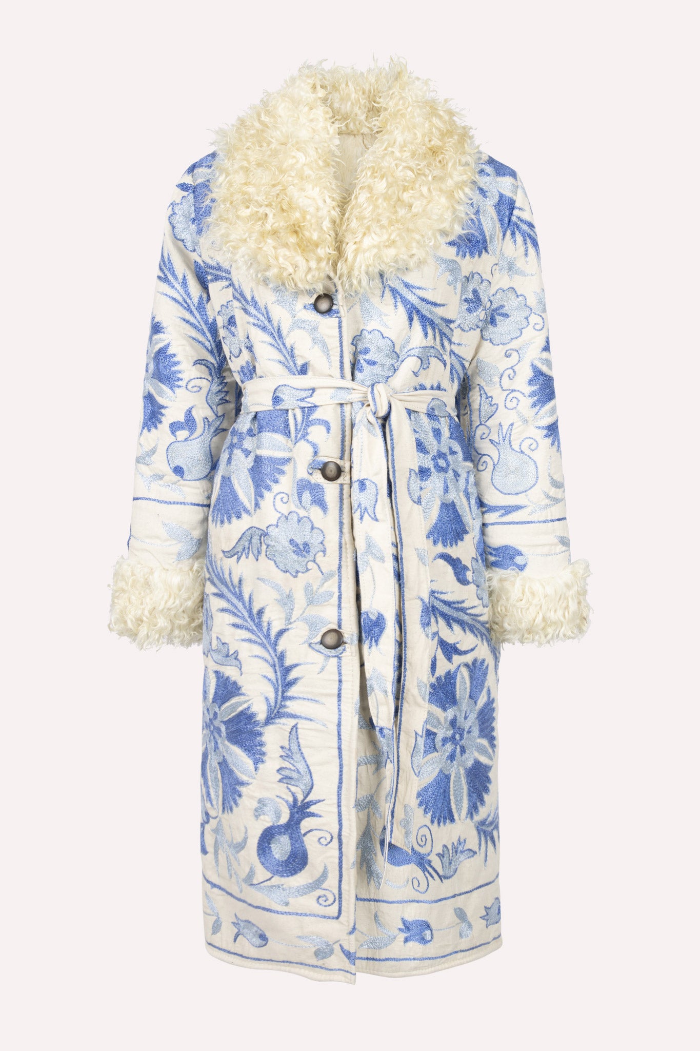 White blue ZAZI Afghan Penny Lane coat ethically handmade with vintage suzani embroidery
