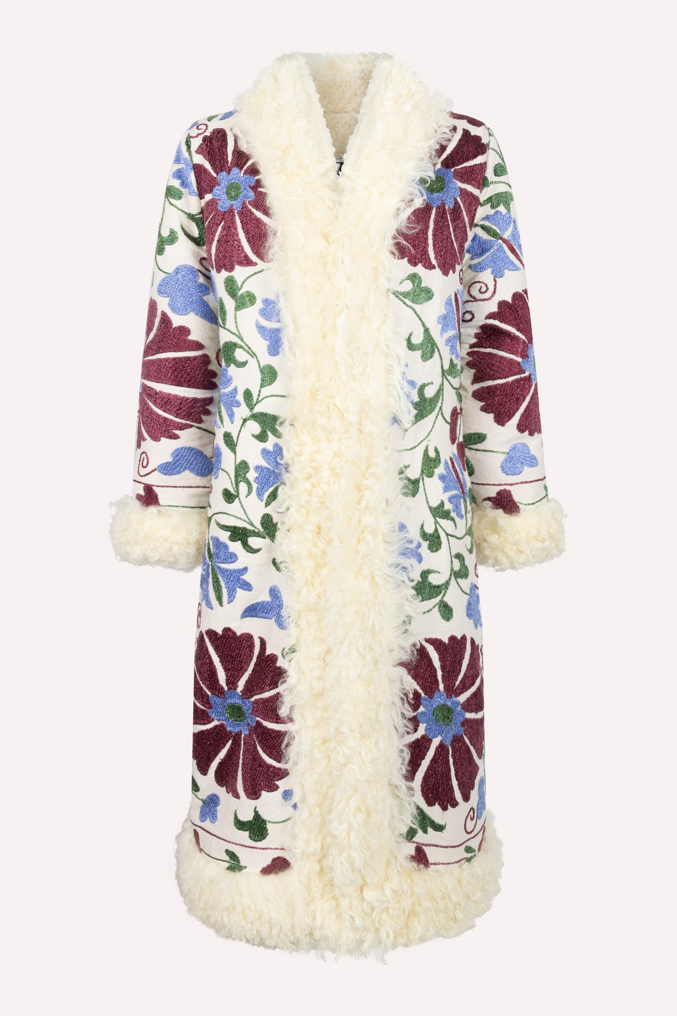 Creme white ZAZI Afghan Penny Lane coat ethically handmade with vintage suzani embroidery and flowers