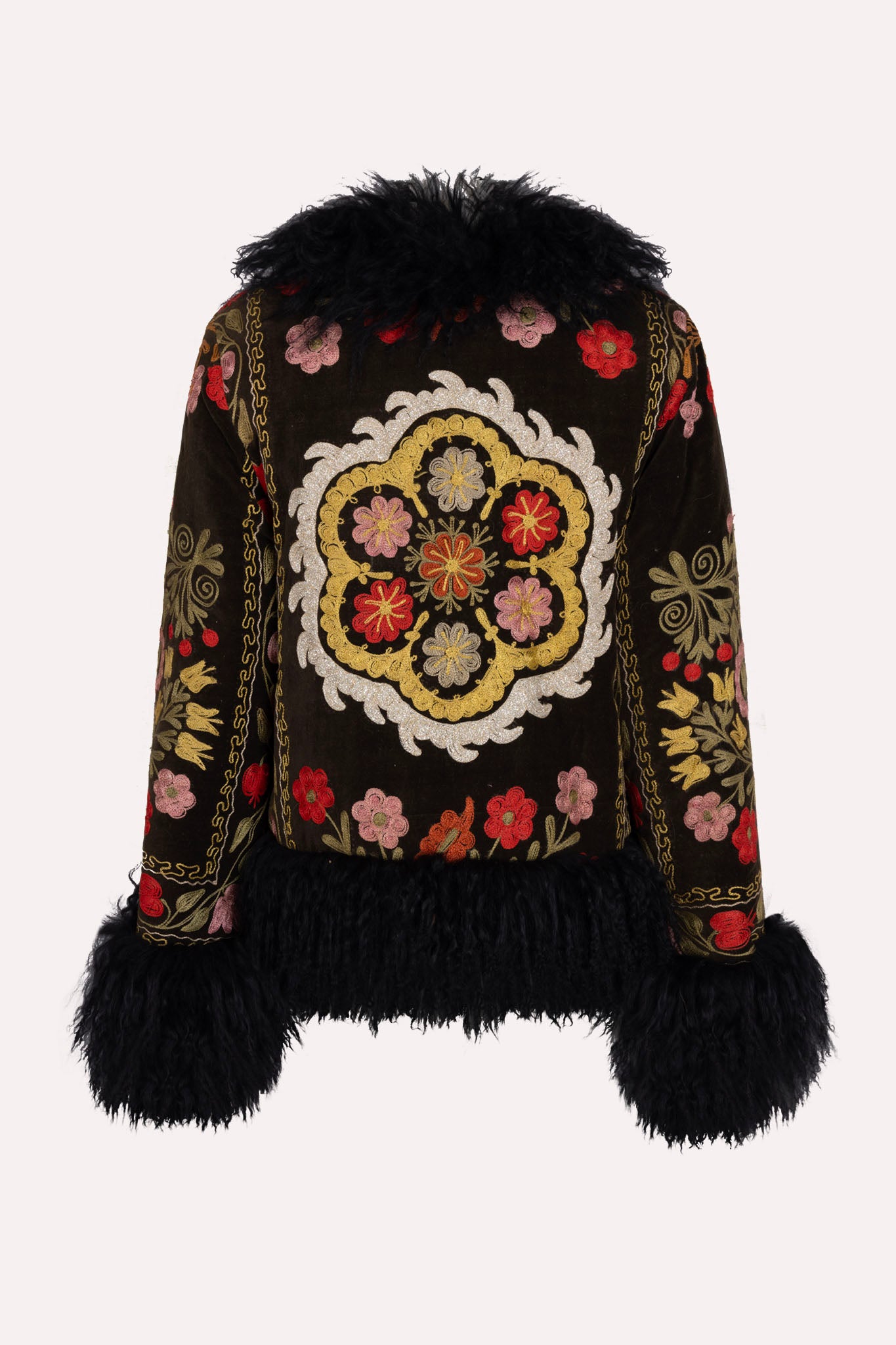 Short dark green velvet ZAZI Afghan Penny Lane coat ethically handmade with vintage suzani embroidery