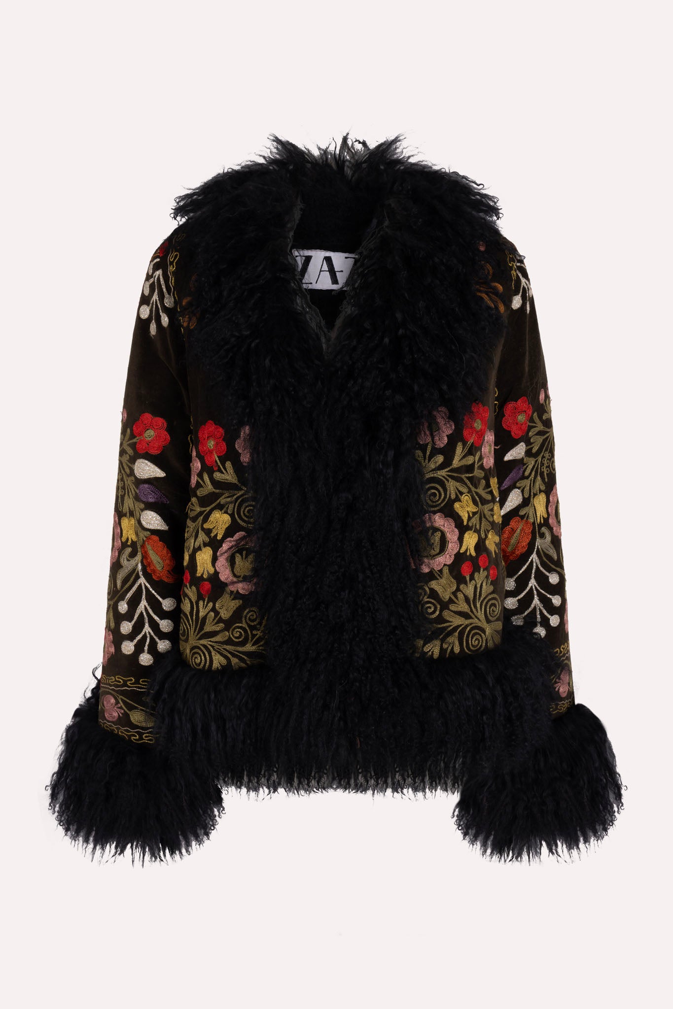 Short dark green velvet ZAZI Afghan Penny Lane coat ethically handmade with vintage suzani embroidery