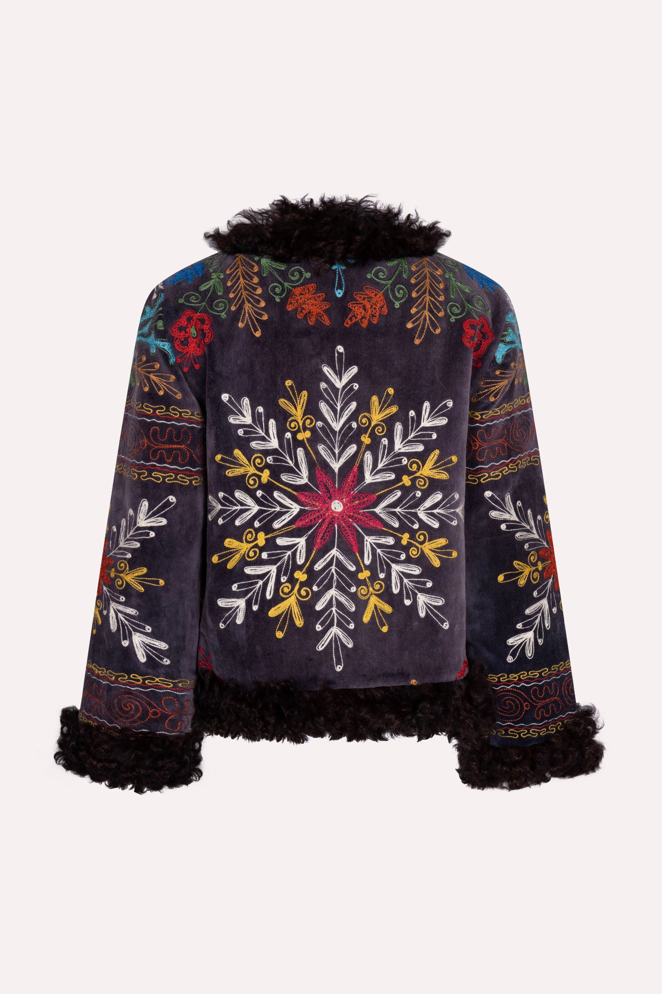 
                  
                    Dark blue velvet short ZAZI Afghan Penny Lane coat ethically handmade with vintage suzani embroidery
                  
                