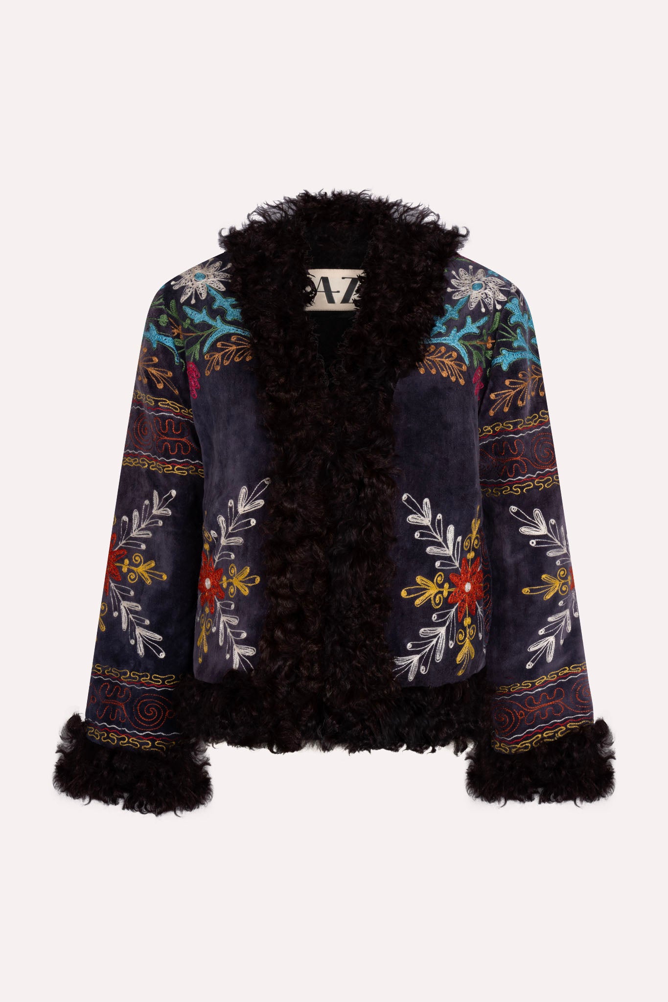 Dark blue velvet short ZAZI Afghan Penny Lane coat ethically handmade with vintage suzani embroidery