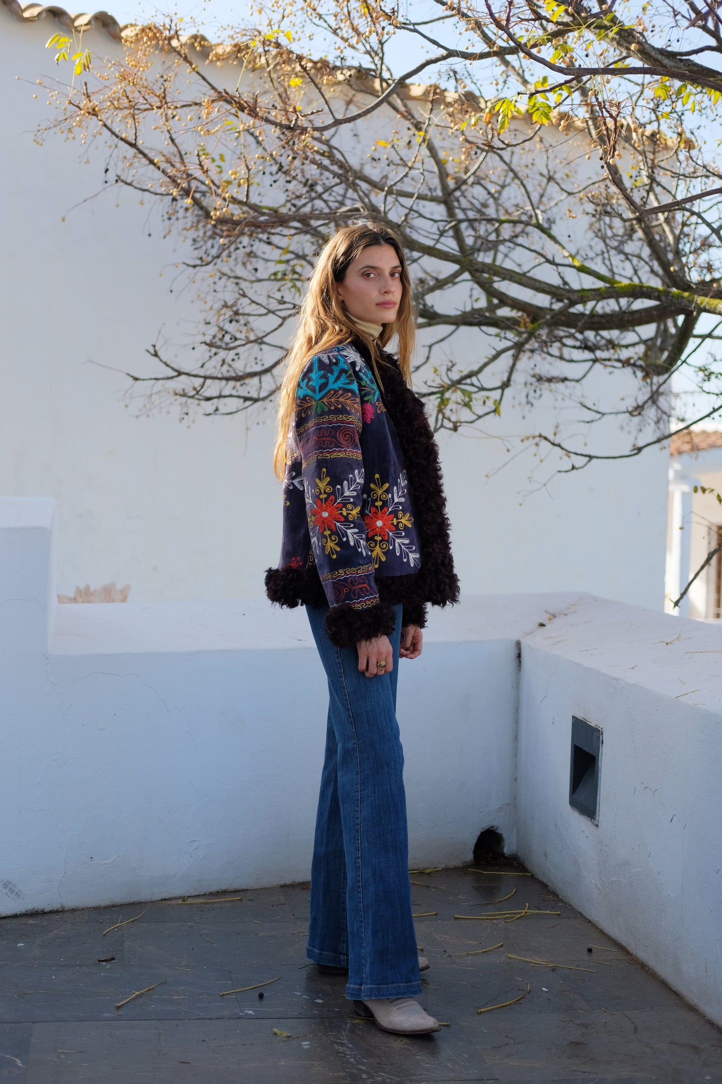 Dark blue velvet short ZAZI Afghan Penny Lane coat ethically handmade with vintage suzani embroidery