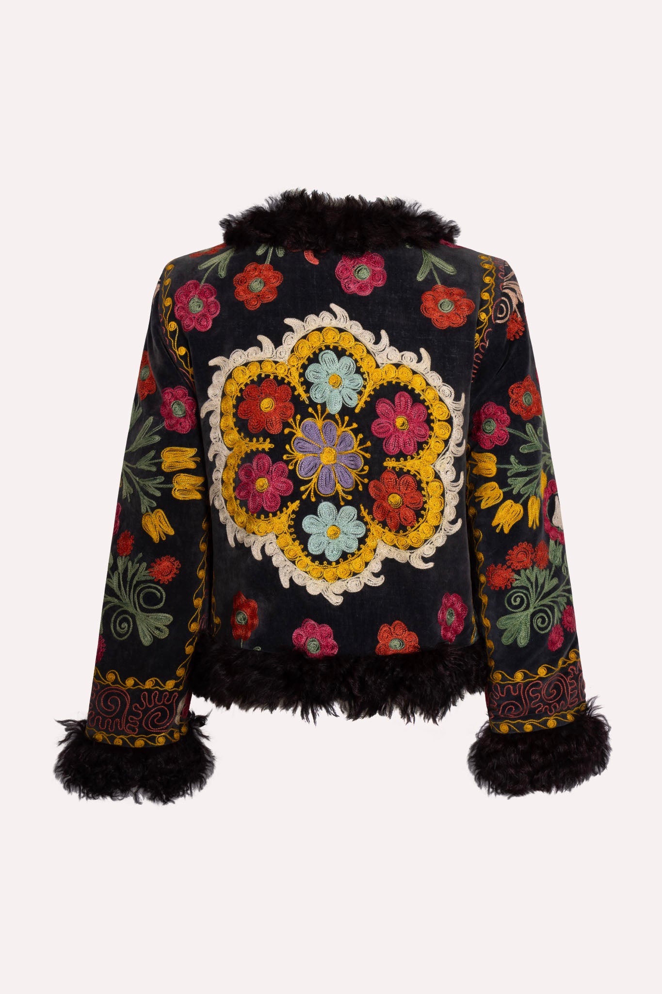 short black floral ZAZI Afghan Penny Lane coat ethically handmade with vintage suzani embroidery