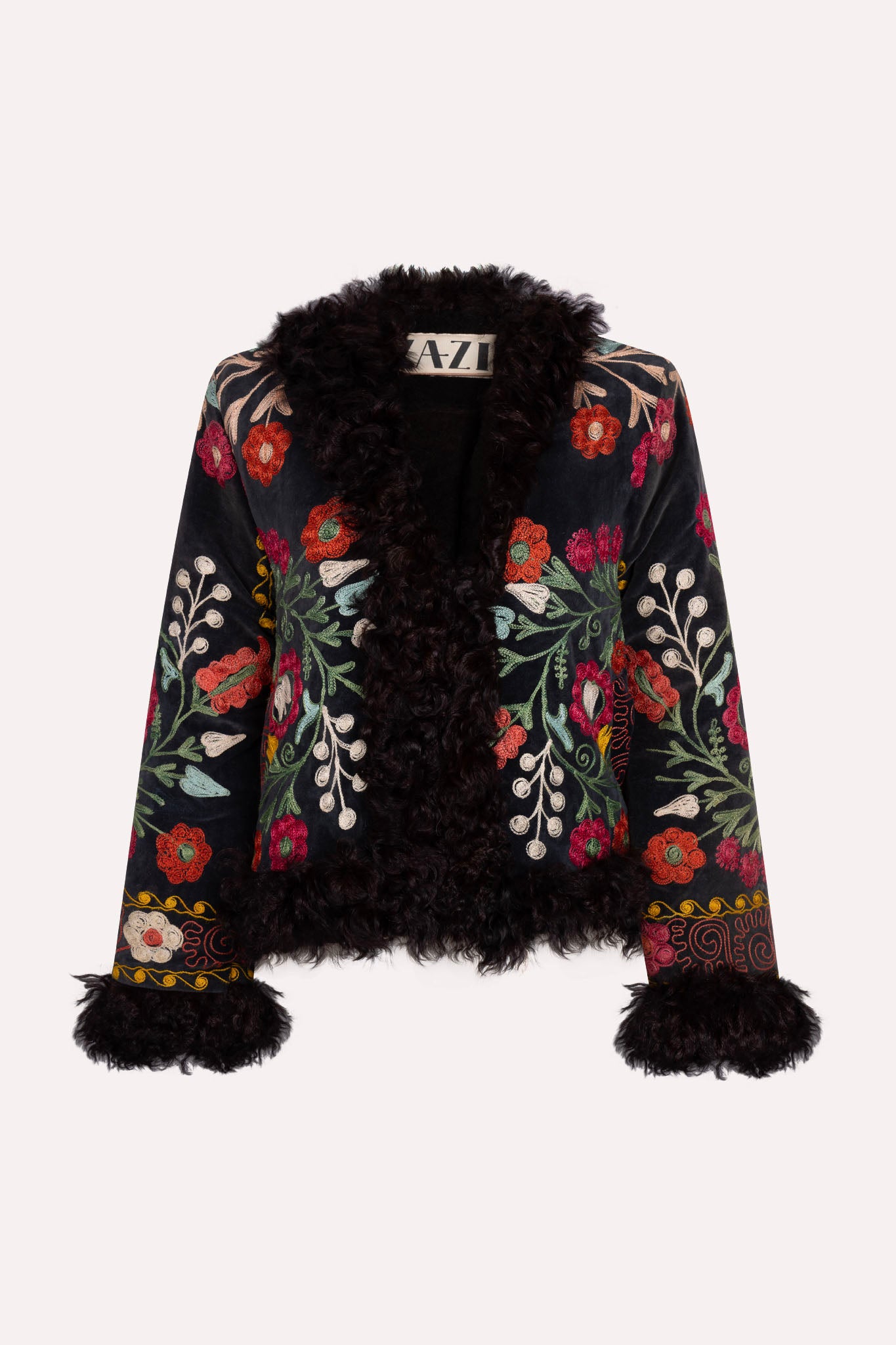short black floral ZAZI Afghan Penny Lane coat ethically handmade with vintage suzani embroidery