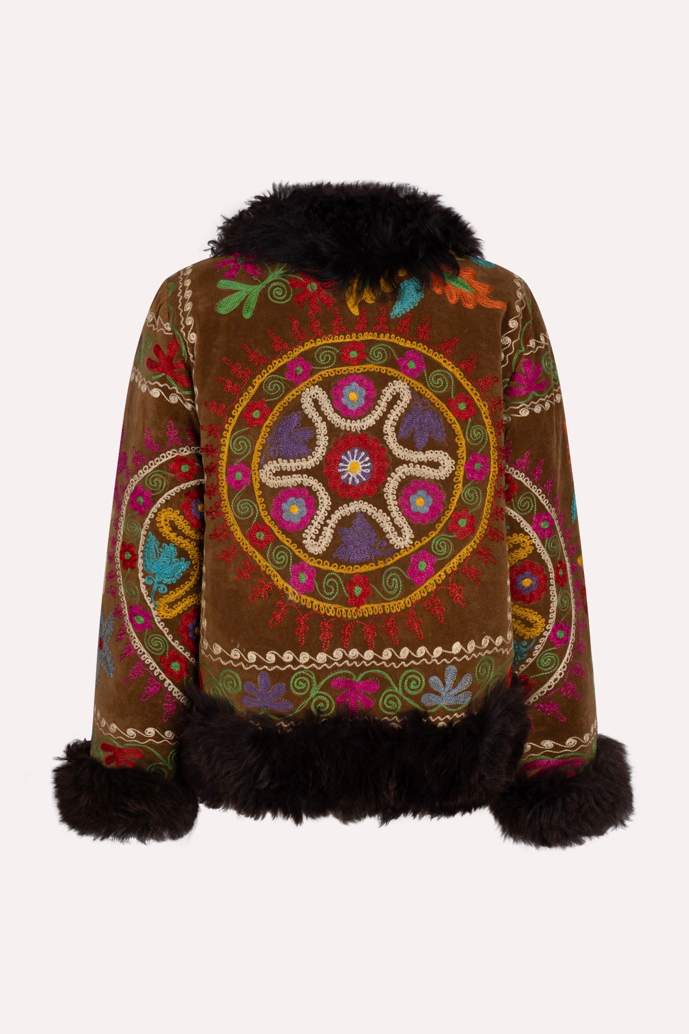 Brown shaggy short ZAZI Afghan Penny Lane coat ethically handmade with vintage suzani embroidery