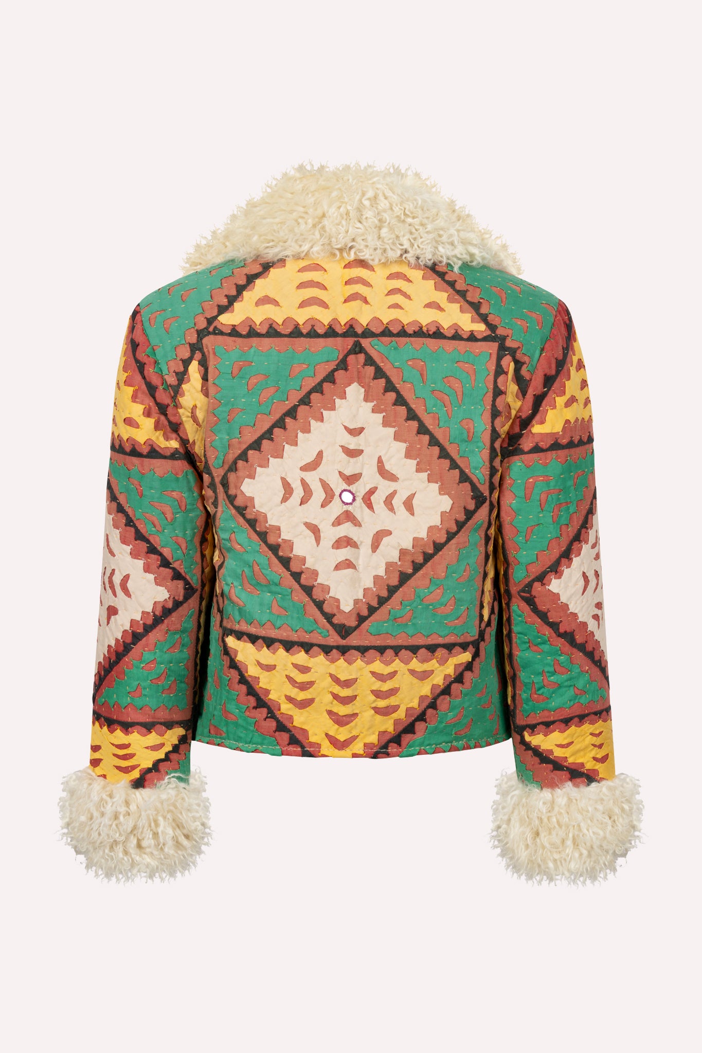 Colored ZAZI short coat with white curly trim ethically handmade with vintage suzani embroidery