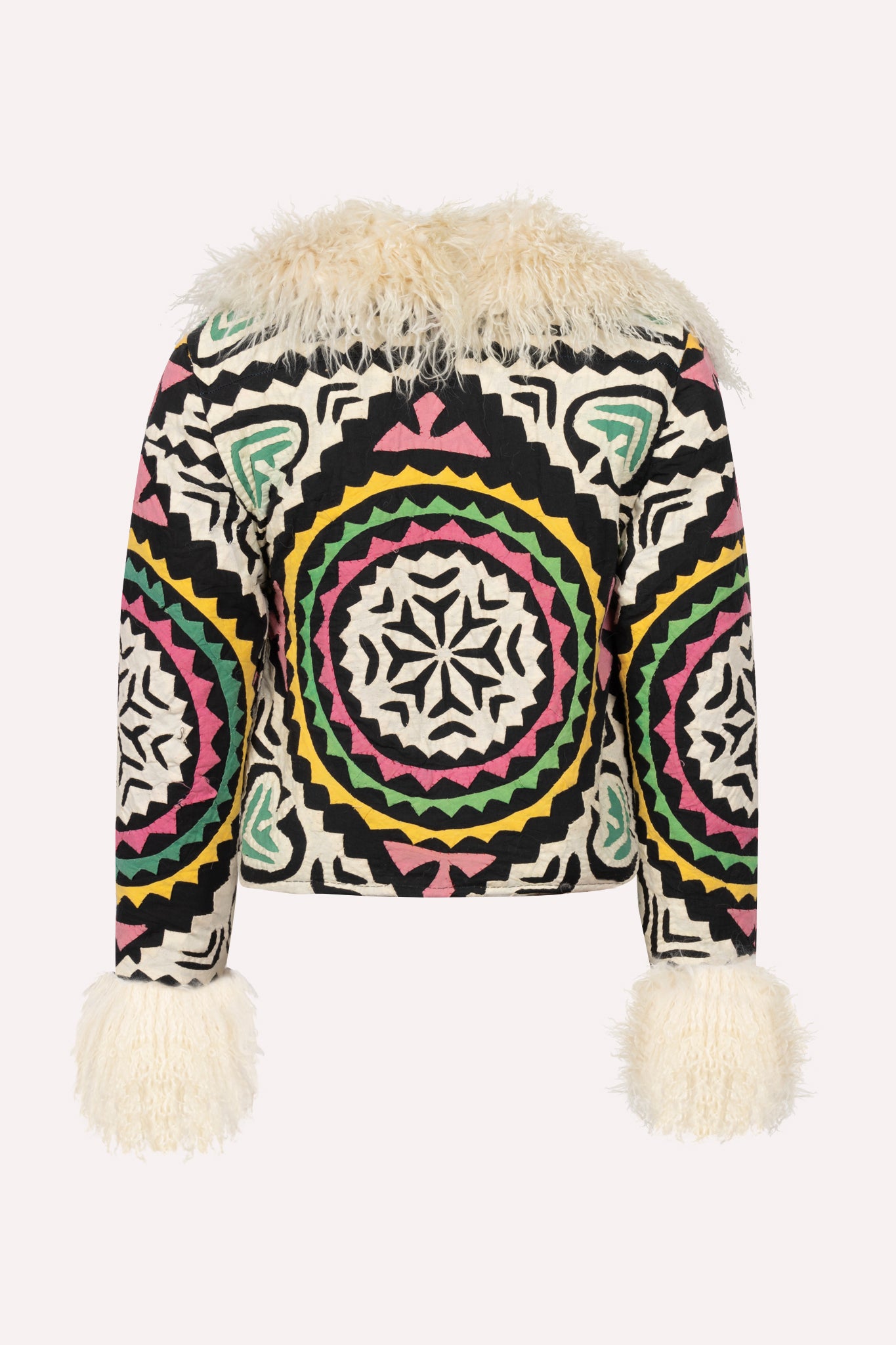 Multicolored ZAZI short coat with dark brown trim ethically handmade with vintage suzani embroidery