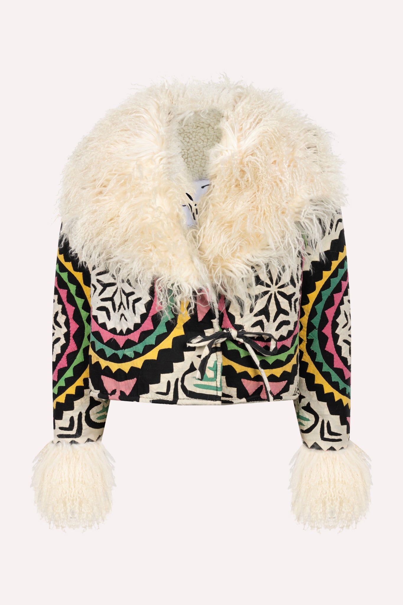 Multicolored ZAZI short coat with shaggy white creme trim ethically handmade with vintage suzani embroidery