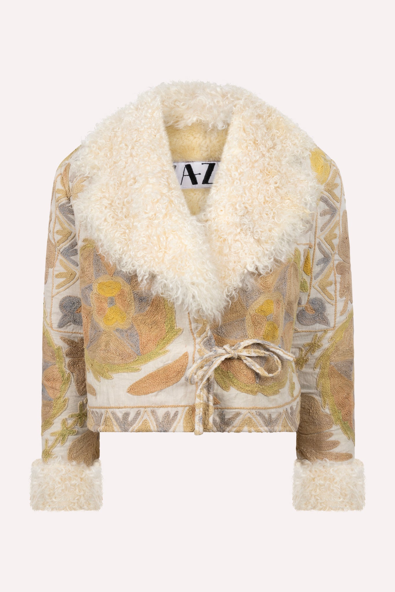 Multicolored pastel ZAZI short coat with shaggy white creme trim ethically handmade with vintage suzani embroidery