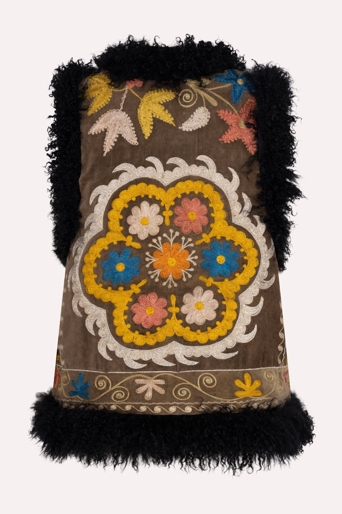 Brown velvet ZAZI waistcoat with black trim ethically handmade with vintage suzani embroidery