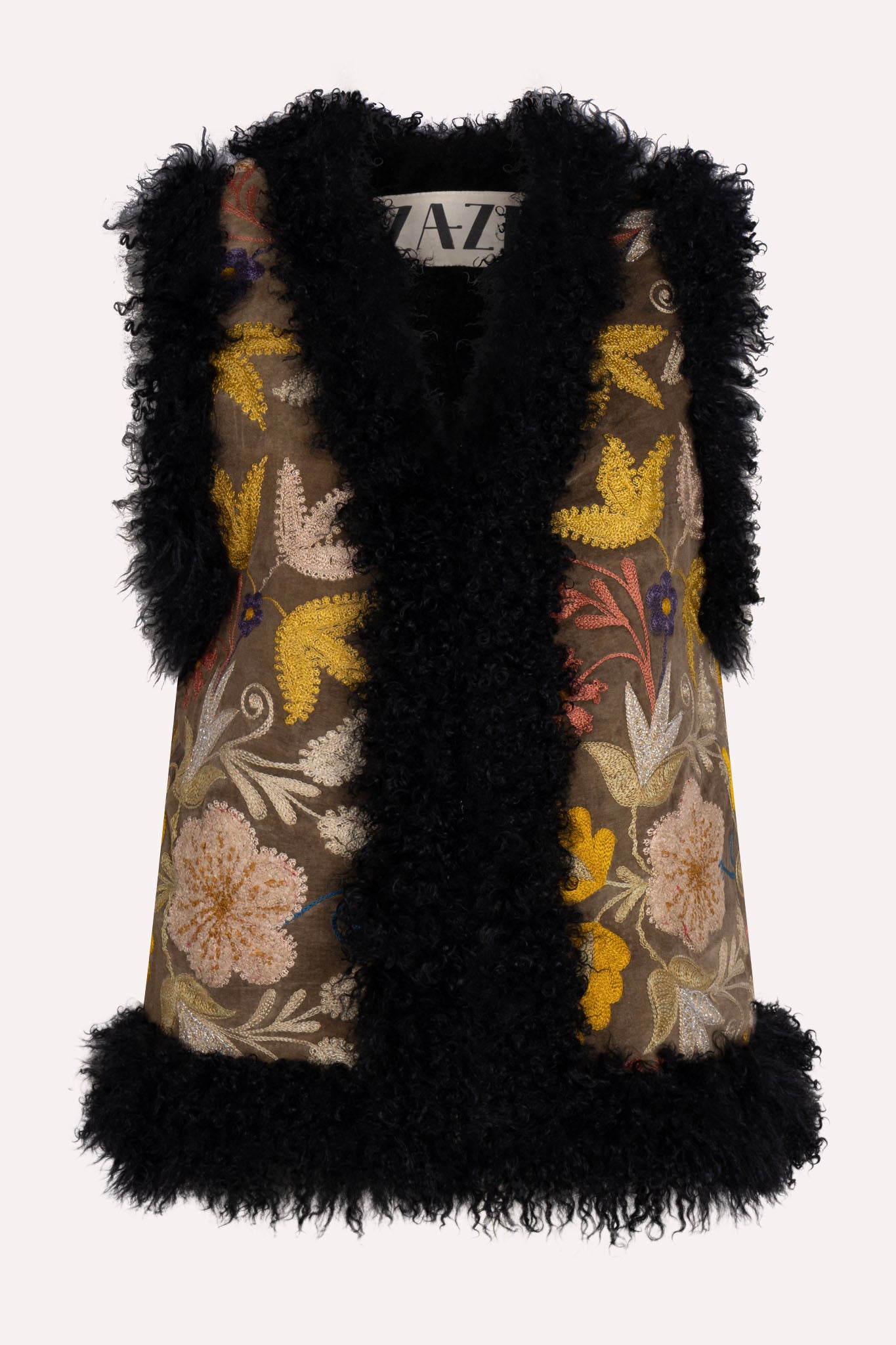 Brown velvet ZAZI waistcoat with black trim ethically handmade with vintage suzani embroidery
